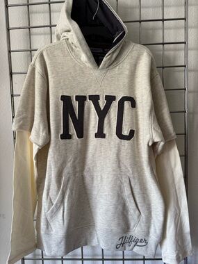 Tommy Hilfiger Hooded Big Boy’s Pullover - Cream with Gray NYC Patch Size XL(20)